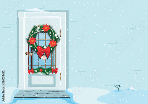 Christmas cards with a door decorated with a Christmas wreath and a garland for day and evening. Merry christmas and happy new year. Vector illustration.