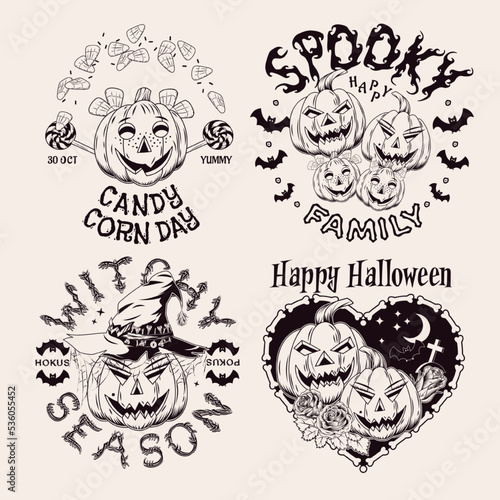 Set of 4 labels with pumpkins like human characters, sweets, candy, bones, bat, witch hat, text. Halloween monochrome funny emblems in vintage style on a white background