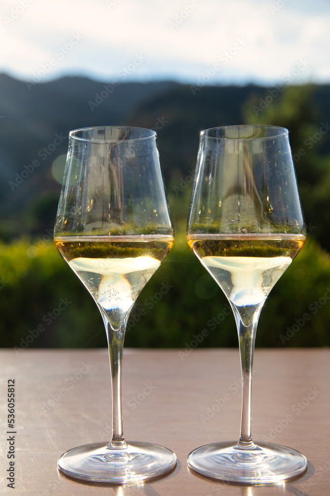 Two white wine glasses on mountain landscape background Two white wine glasses on mountain landscape background