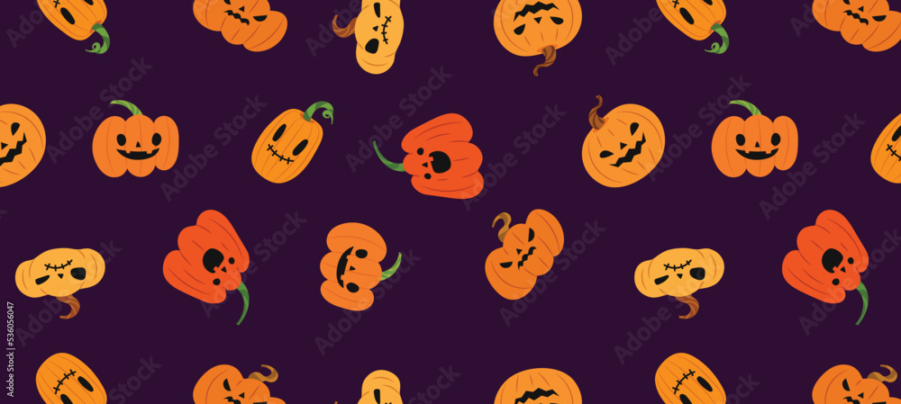 Various Halloween pumpkins pattern on dark violet background. Pattern for wrapping paper, decoration, wallpaper, textile, Halloween day, banner. Flat vector illustration. Various Halloween pumpkins pattern on dark violet background. Pattern for wrapping paper, decoration, wallpaper, textile, Halloween day, banner. Flat vector illustration.