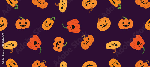 Various Halloween pumpkins pattern on dark violet background. Pattern for wrapping paper, decoration, wallpaper, textile, Halloween day, banner. Flat vector illustration.