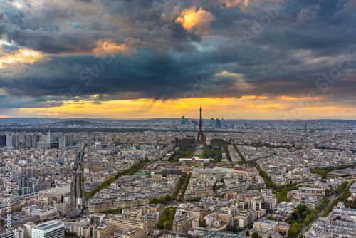 Panorama of Paris city with the Eiffel towerat sunset. France