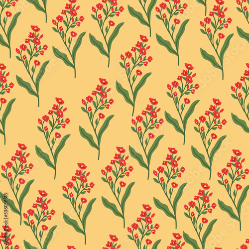 Red Wild flower vector seamless pattern. herb, herbaceous flowering plant, blooming branch texture. Hand drawn flat botanical illustration.