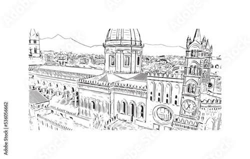 Building view with landmark of Palermo is the  city in Italy. Hand drawn sketch illustration in vector.
