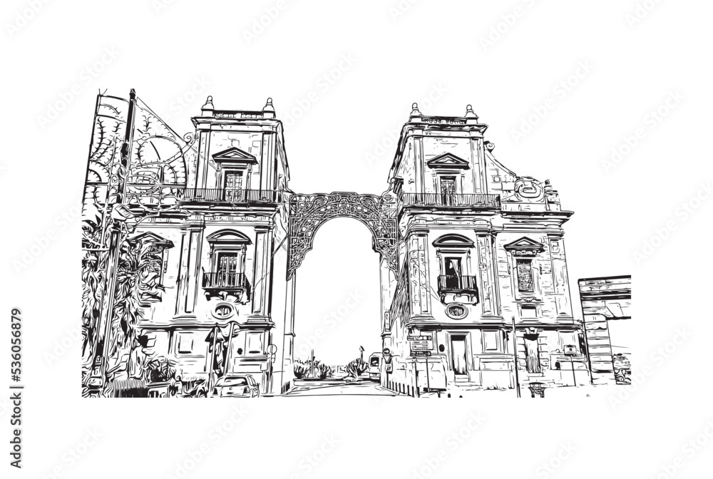 Building view with landmark of Palermo is the
city in Italy. Hand drawn sketch illustration in vector.