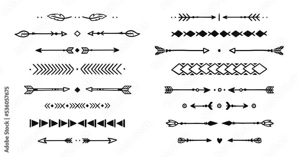 Mexican arrow hand drawn element set. African, aztec rustic ethnic arrow, ornament divider. Tribal boho decor design. Vector illustration.
