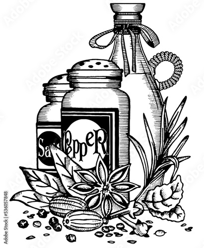 Graphic drawing - a set of kitchen utensils spices - oil, salt, pepper, cloves, bay leaf, etc. Cafe and restaurant menu design.