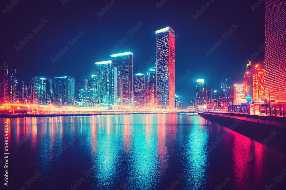 Night city, neon lights of the metropolis. Reflection of neon lights in the water. Modern city with high-rise buildings. Night street scene, city on the ocean Night city, neon lights of the metropolis. Reflection of neon lights in the water. Modern city with high-rise buildings. Night street scene, city on the ocean
