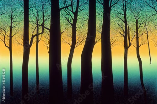 Tree trunks in a green forest. Forest tree trunks. Forest trees. Green forest scene