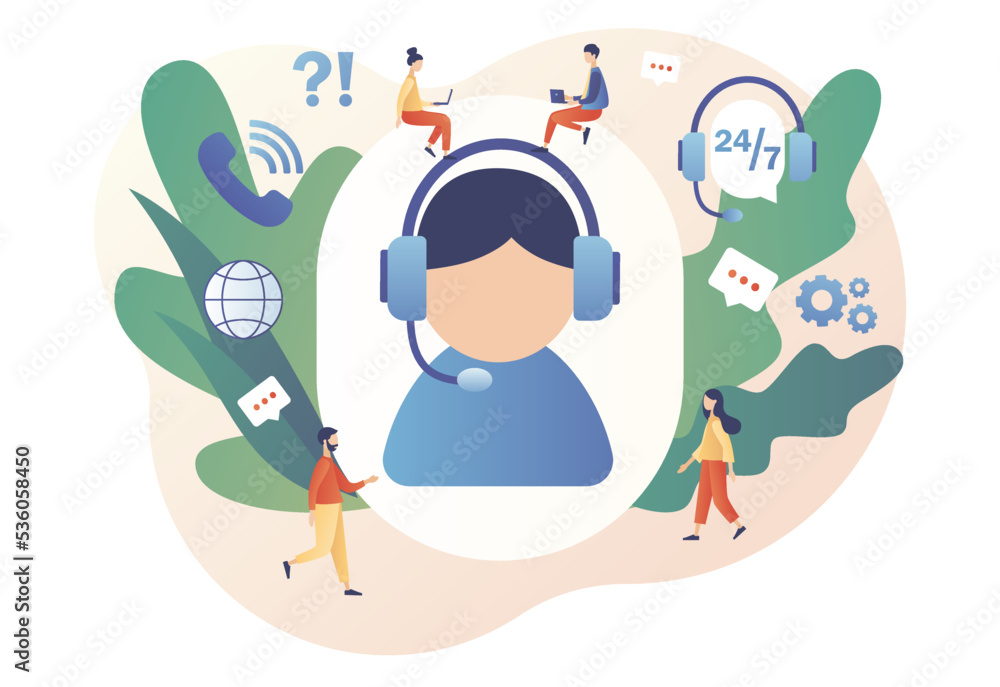 Call center. Online support concept. Customer service. Hotline operator in headset big sign consults client. Modern flat cartoon style. Vector illustration on white background Call center. Online support concept. Customer service. Hotline operator in headset big sign consults client. Modern flat cartoon style. Vector illustration on white background