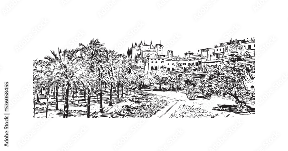 Building view with landmark of Palma is the 
city in Spain. Hand drawn sketch illustration in vector.