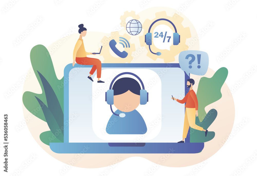 Online support concept. Customer service. Call center. Hotline operator in headset on laptop screen consults client. Modern flat cartoon style. Vector illustration on white background