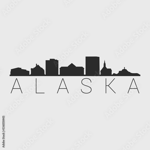 Alaska, USA City Skyline. Silhouette Illustration Clip Art. Travel Design Vector Landmark Famous Monuments.