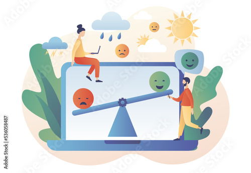 Mood swings. Emotions change. Emotional balance. Psychology disorder, mental problem, stress, anxiety and life crisis. Bipolar emotion. Modern flat cartoon style. Vector illustration