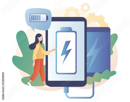 Powerbank concept. Smartphone wired charging. Portable charge. Device, smart digital technologies and accessories. Modern flat cartoon style. Vector illustration on white background