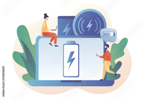 Powerbank concept. Portable charge. Wired and wireless charging. Device, smart digital technologies and accessories. Modern flat cartoon style. Vector illustration on white background
