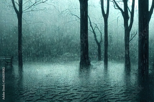 Rain heavy rain at a park raining in the forest raining woods heavy rain in the forest woods Heavy rain can cause pooling overflowing rivers and runoffs and flooding