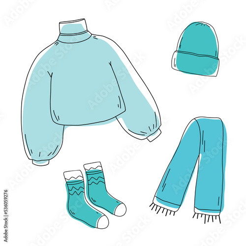 Warm winter autumn clothes and accessories. Knitted sweater, hat, scarf and socks. Doodle autumn and winter clothes vector collection. Vector sketch icon isolated on white. Seasonal Design elements