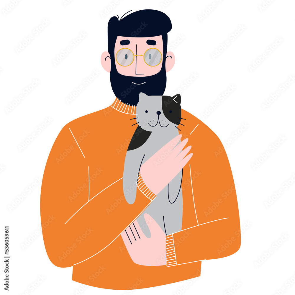 A man carrying a cute cat. A man hugging a cat.