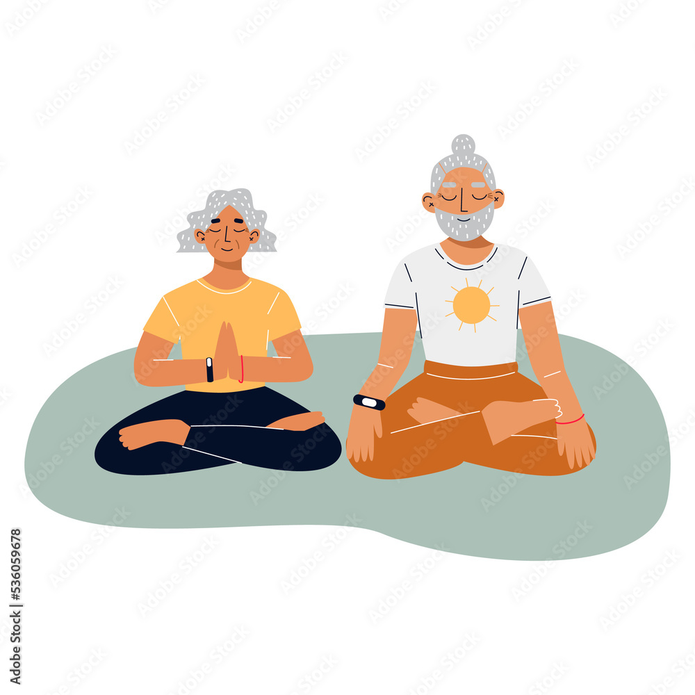 Happy elderly couple doing yoga. Lotus pose. Old man and woman practicing yoga. Meditation illustration in flat style.