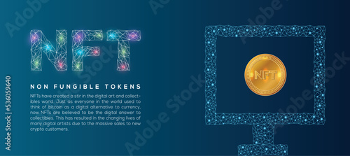 NFT non-fungible tokens wallpaper with node connected computer and gold NFT coin