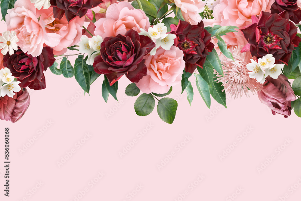 Floral banner, header with copy space. Tulip, pink and red roses isolated on dark background. Natural flowers wallpaper or greeting card.