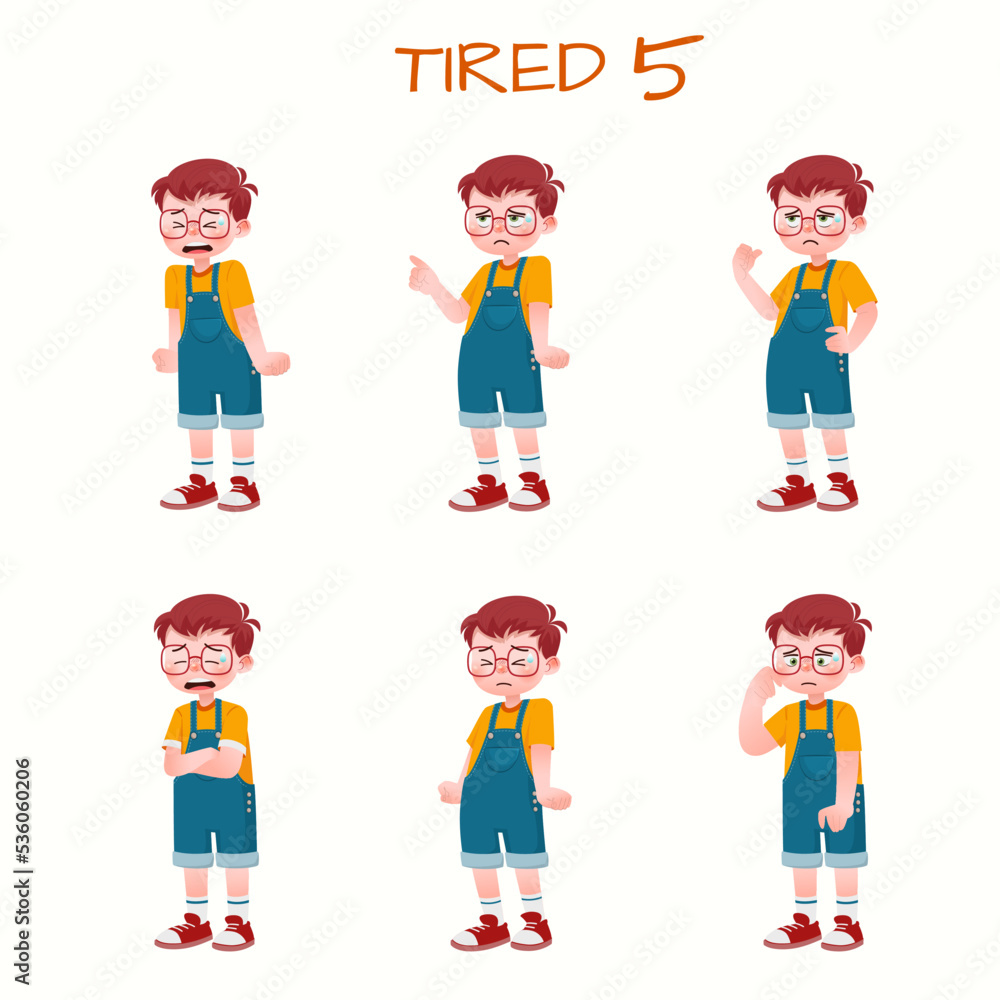 Set of kid boys showing tired expression.Vector illustration.