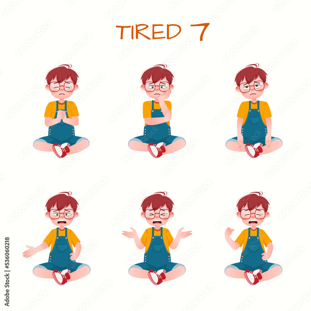 Set of kid boys showing tired expression.Vector illustration.