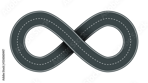 Vector illustration of infinity shaped road with white markings isolated on white background. Empty road infinity icon in top view. Endless road template.