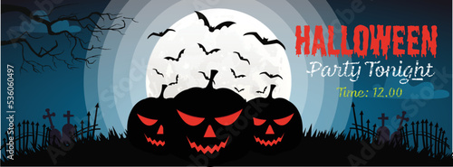Halloween pumpkins and a dark castle with a Moon background, illustration. Halloween Night Concept Vector Banner