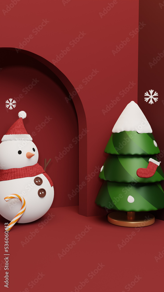 Fototapeta premium Christmas scene with snowman, pine tree, candy and sock.