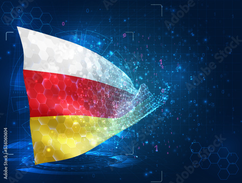 South Ossetia   vector flag  virtual abstract 3D object from triangular polygons on a blue background