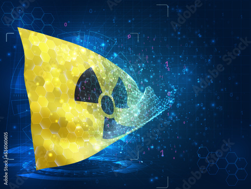 Atomic,  vector flag, virtual abstract 3D object from triangular polygons on a blue background