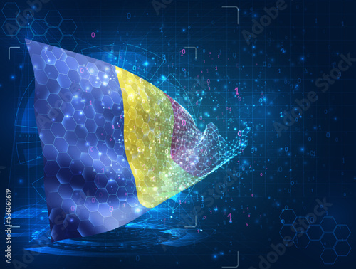 Romania,  vector flag, virtual abstract 3D object from triangular polygons on a blue background