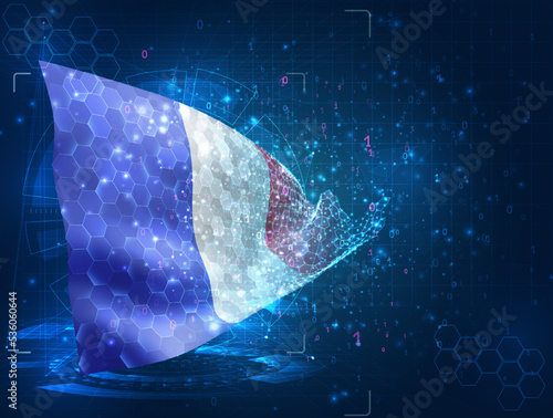 France,  vector flag, virtual abstract 3D object from triangular polygons on a blue background