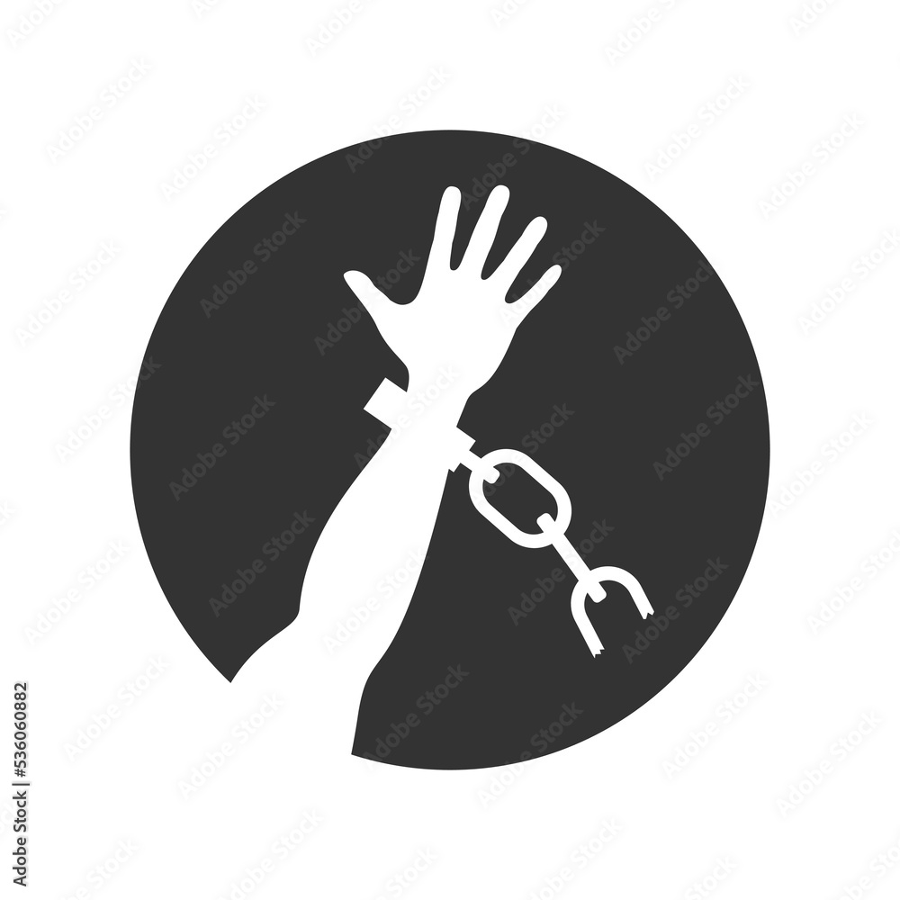 Broken chain graphic sign. Silhouette liberated hand man with broken
