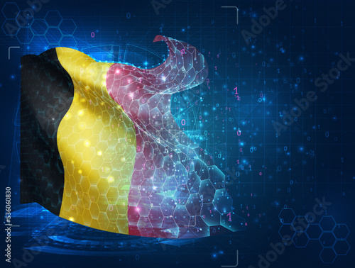 Belgium,  vector flag, virtual abstract 3D object from triangular polygons on a blue background