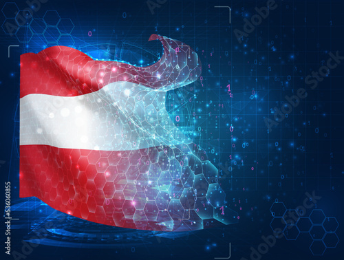 Austria,  vector flag, virtual abstract 3D object from triangular polygons on a blue background