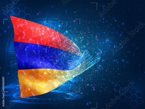 Armenia,  vector flag, virtual abstract 3D object from triangular polygons on a blue background