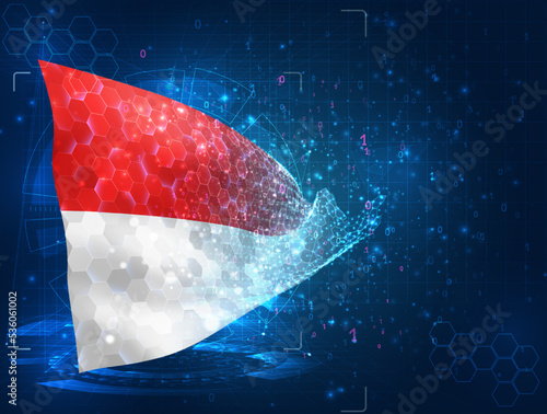 Indonesia, Monaco,  vector flag, virtual abstract 3D object from triangular polygons on a blue background