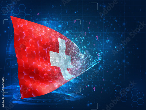Switzerland,  vector flag, virtual abstract 3D object from triangular polygons on a blue background