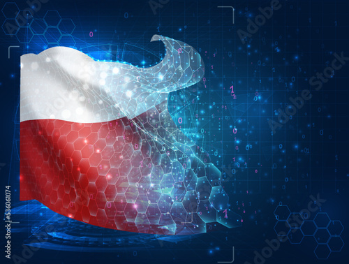 Poland,  vector flag, virtual abstract 3D object from triangular polygons on a blue background