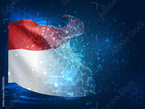 Indonesia, Monaco,  vector flag, virtual abstract 3D object from triangular polygons on a blue background