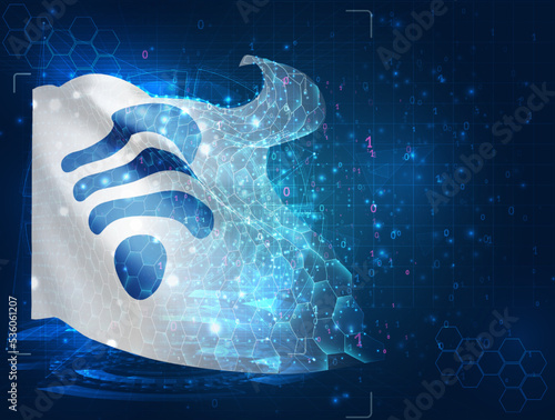 Wi-Fi,  vector flag, virtual abstract 3D object from triangular polygons on a blue background