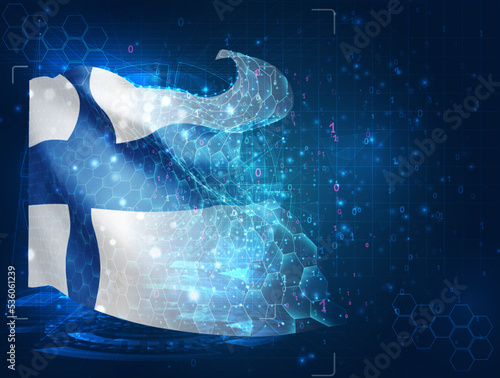 Finland,  vector flag, virtual abstract 3D object from triangular polygons on a blue background