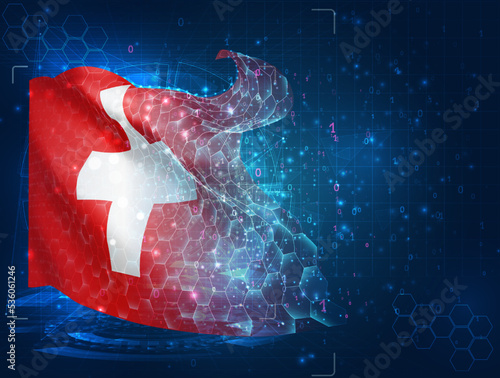 Switzerland,  vector flag, virtual abstract 3D object from triangular polygons on a blue background