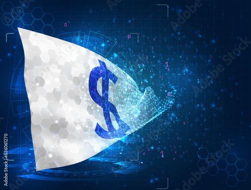 Dollar,  vector flag, virtual abstract 3D object from triangular polygons on a blue background