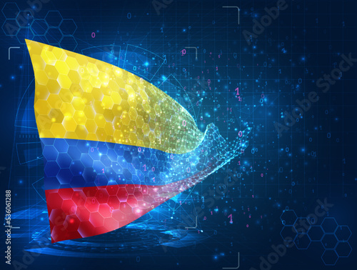 Colombia,  vector flag, virtual abstract 3D object from triangular polygons on a blue background
