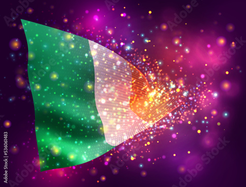 Ireland, vector 3d flag on pink purple background with lighting and flares