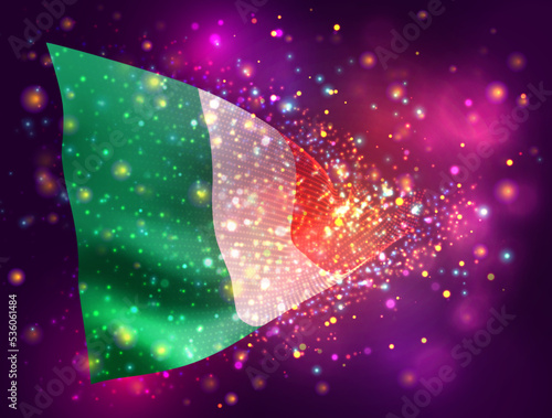 Italy, vector 3d flag on pink purple background with lighting and flares